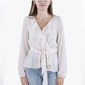 Max Studio Long Sleeve Tie Waist Polka Dot Ruffle Semi Sheer Blouse Champagne